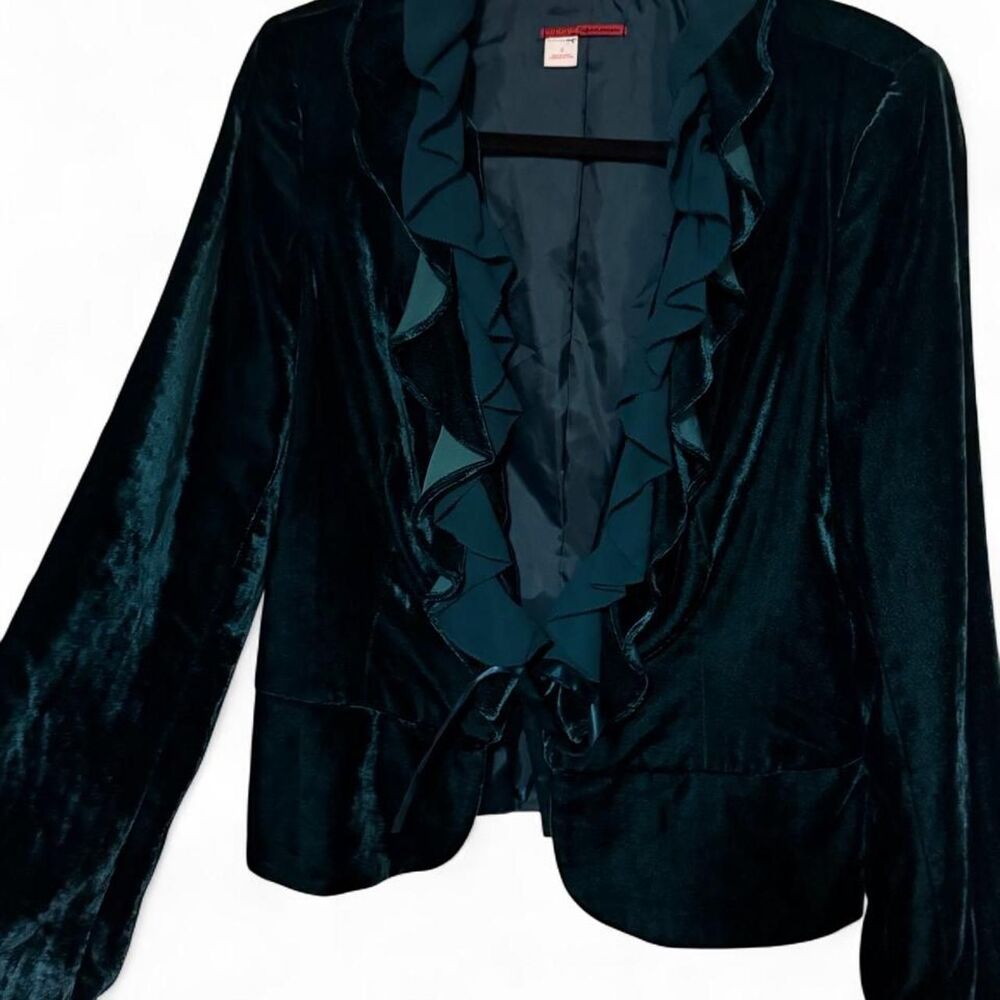 Y2K Tapemeasure Teal Emerald Velvet Ruffle Tie-Front Blazer Jacket Size 4 - Picture 2 of 11